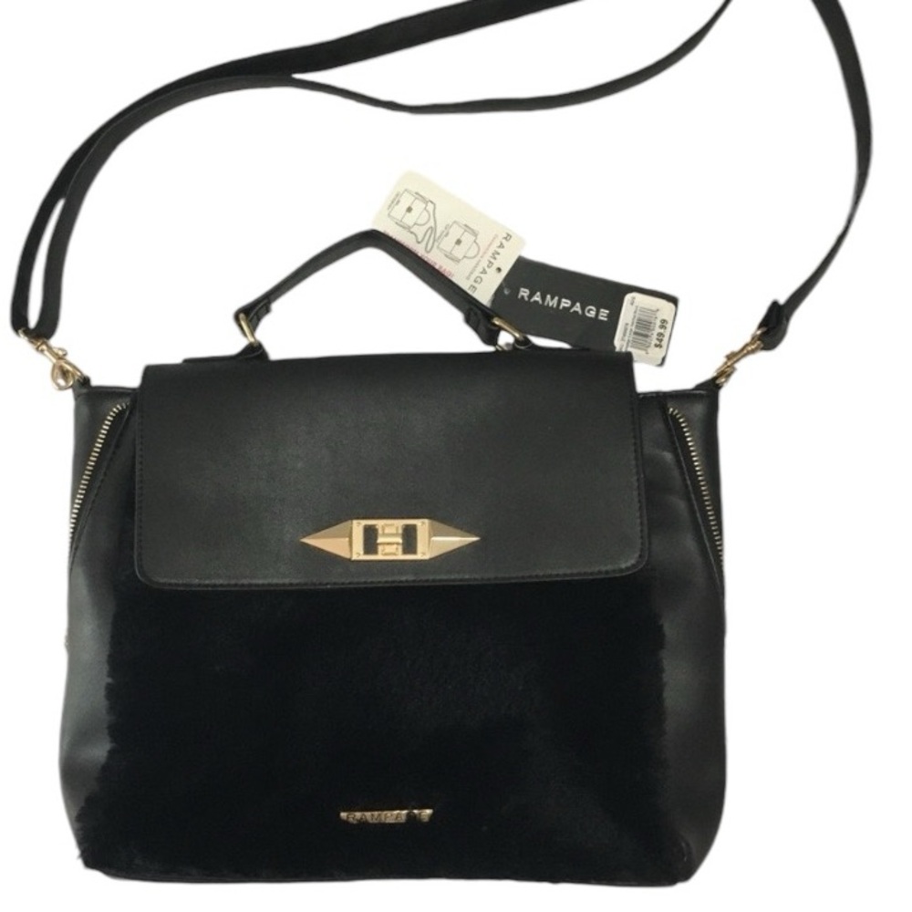 RAMPAGE Purse Crossbody Convertible Handbag Fur Black Gold NEW
